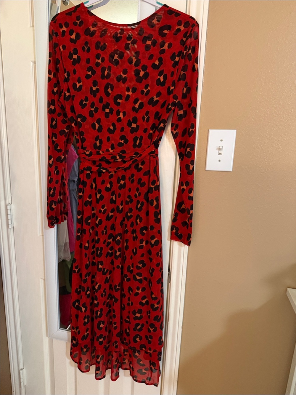 CAbi Red and Black Leopard Wrap Dress with Tie Waist - Picture 3 of 5